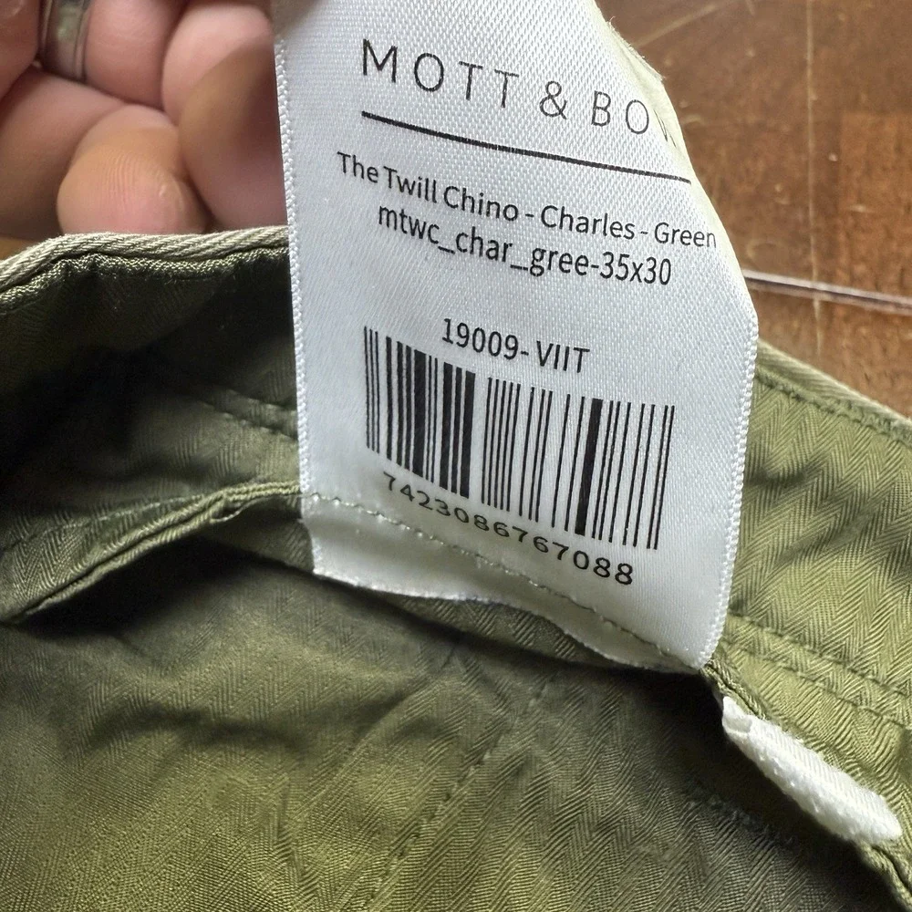 Mott and Bow The Twill Chino Charles Olive Green Pants Mens 35X30 Office Trouser